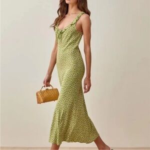 Reformation Green Floral Midi Dreas with Ruffle Neckline
